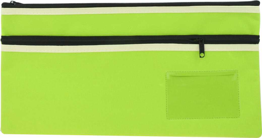 Osmer P3518G2 green polyester pencil case laid flat, with two black zips edged in cream trim and a clear name card window at the lower right