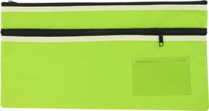 Osmer P3518G2 green polyester pencil case laid flat, with two black zips edged in cream trim and a clear name card window at the lower right