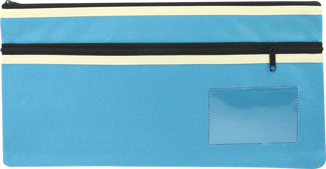 Osmer P3518LB2 light blue polyester pencil case laid flat, with two black zips edged in cream trim and a clear name card window at the lower right