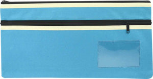 Osmer P3518LB2 light blue polyester pencil case laid flat, with two black zips edged in cream trim and a clear name card window at the lower right