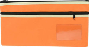 Osmer polyester pencil case 35 x 18cm in orange with two black zips with cream trim, front view showing the clear name card window