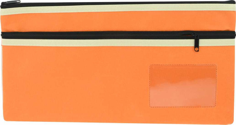 Osmer polyester pencil case 35 x 18cm in orange with two black zips with cream trim, front view showing the clear name card window