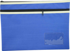 Osmer polyester pencil case 35 x 26cm in blue with two black zips and cream trim, flat front view with the clear name card window