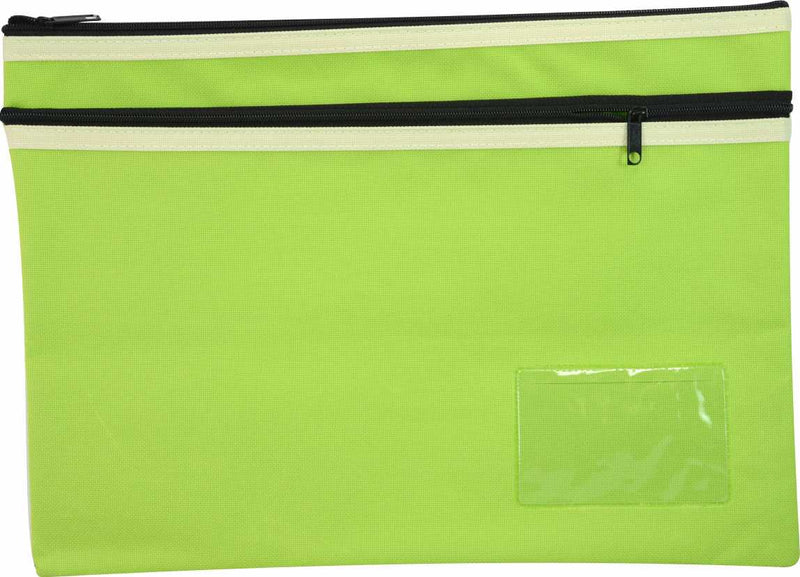 Osmer polyester pencil case 35 x 26cm in green with two black zips with cream trim, front view showing the clear name card window