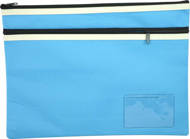 Osmer polyester pencil case 35 x 26cm in light blue with two black zips with cream trim, front view showing the clear name card window