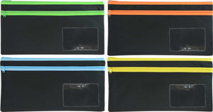 Osmer black polyester pencil cases 35 x 18cm with 2 zips, four cases with green, orange, light blue and yellow zip trims and clear name card windows
