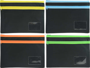 Four Osmer POLB3526 black polyester pencil cases with yellow, light blue, orange and green zip trims, each with two zips and a clear name card window