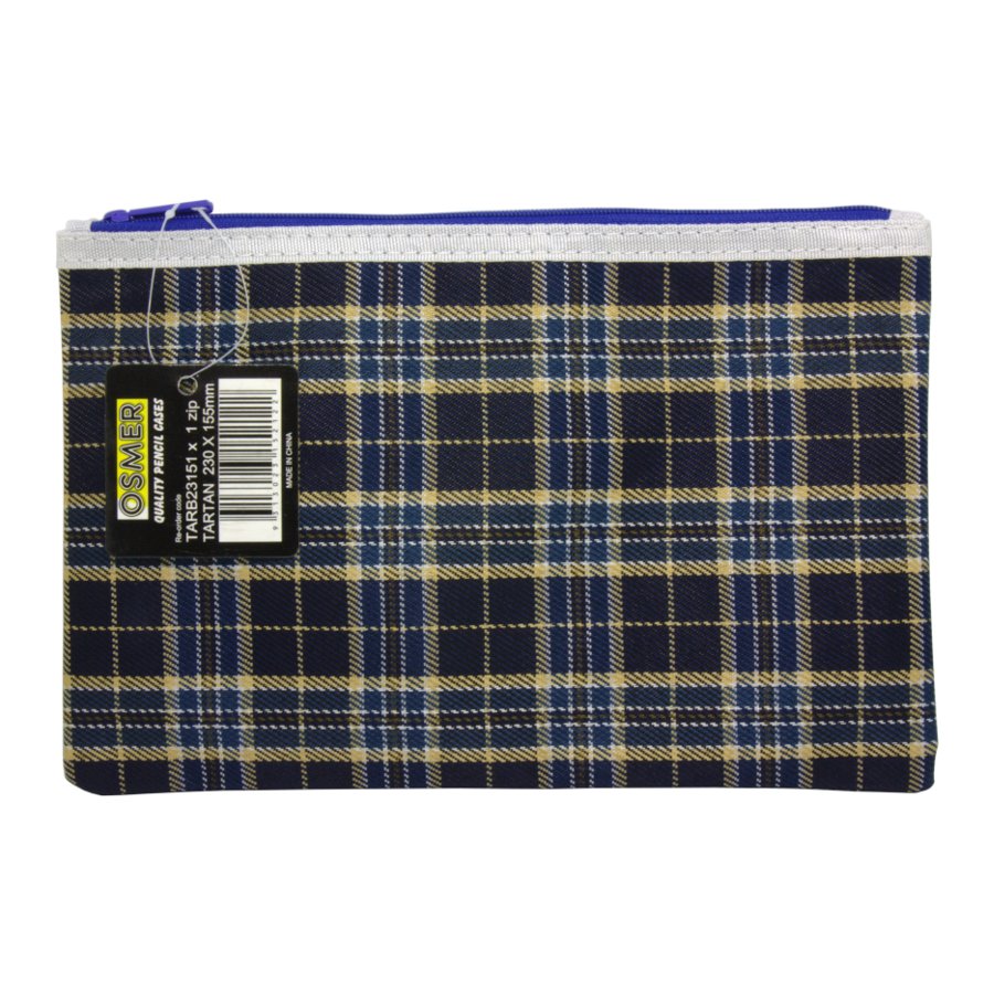 Osmer tartan pencil case 23 x 15cm in blue and navy tartan with a blue zip and white trim, front view with the black Osmer swing tag
