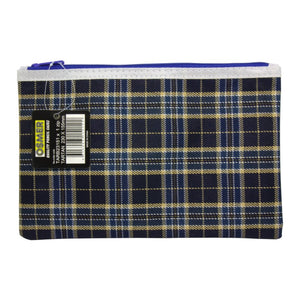 Osmer tartan pencil case 23 x 15cm in blue and navy tartan with a blue zip and white trim, front view with the black Osmer swing tag