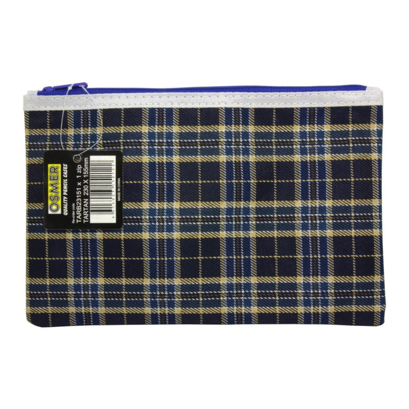 Osmer tartan pencil case 23 x 15cm in blue and navy tartan with a blue zip and white trim, front view with the black Osmer swing tag