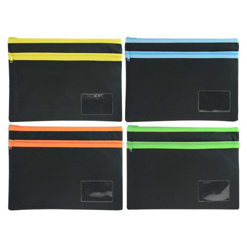 Osmer Polyester Pencil Case 2 Zip with Name Card 35x26cm Black Assorted Trims Pack of 12 - image 1
