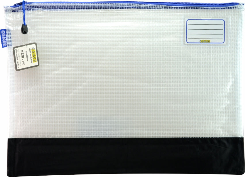 Osmer clear mesh case 48 x 35cm with a black reinforced bottom panel and blue zip, front view with name label and cord zip pull