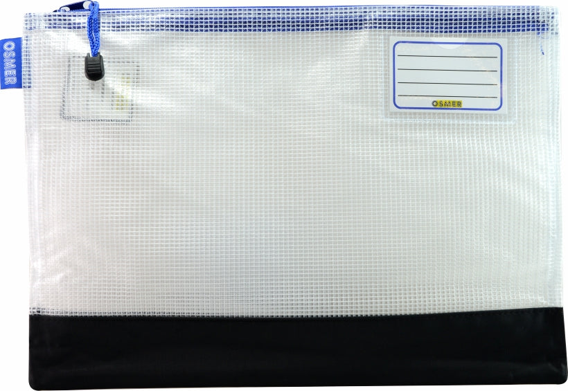 Osmer clear mesh case 37.5 x 27cm with a black reinforced bottom panel and blue zip, front view with name label and cord zip pull