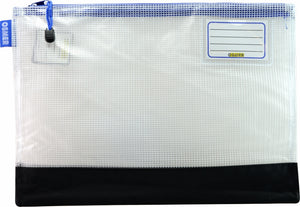 Osmer clear mesh case 37.5 x 27cm with a black reinforced bottom panel and blue zip, front view with name label and cord zip pull