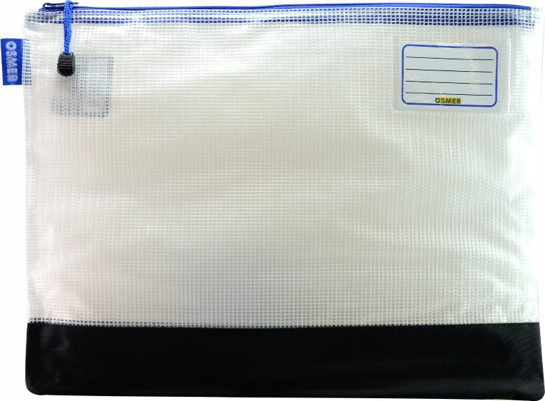 Osmer clear mesh case 42 x 32cm with a black reinforced bottom panel and blue zip, front view with name label and cord zip pull