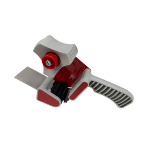 Osmer standard tape gun dispenser in red with grey handle, angled side view showing the tape roll hub and cutting edge