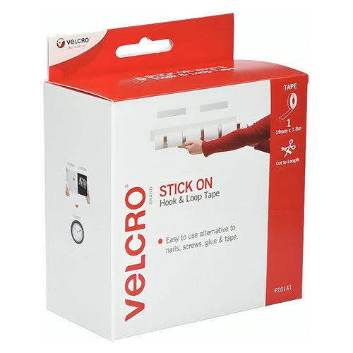 Front three quarter view of the white VELCRO Brand Stick On Hook and Loop Tape box with a red hanging header and a red side panel showing a Cut to Length scissors icon, 1 tape, 19mm x 1.8m and code P20141
