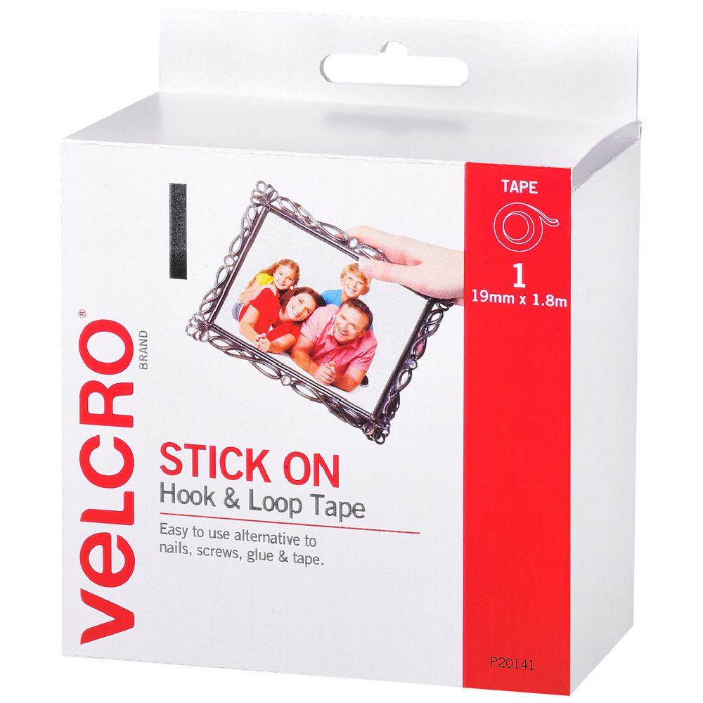 Angled view of the white VELCRO Brand Stick On Hook and Loop Tape retail box on a plain white background, red side panel showing a tape roll icon with 19mm x 1.8m and code P20141, front panel picturing a hand mounting a framed family photograph
