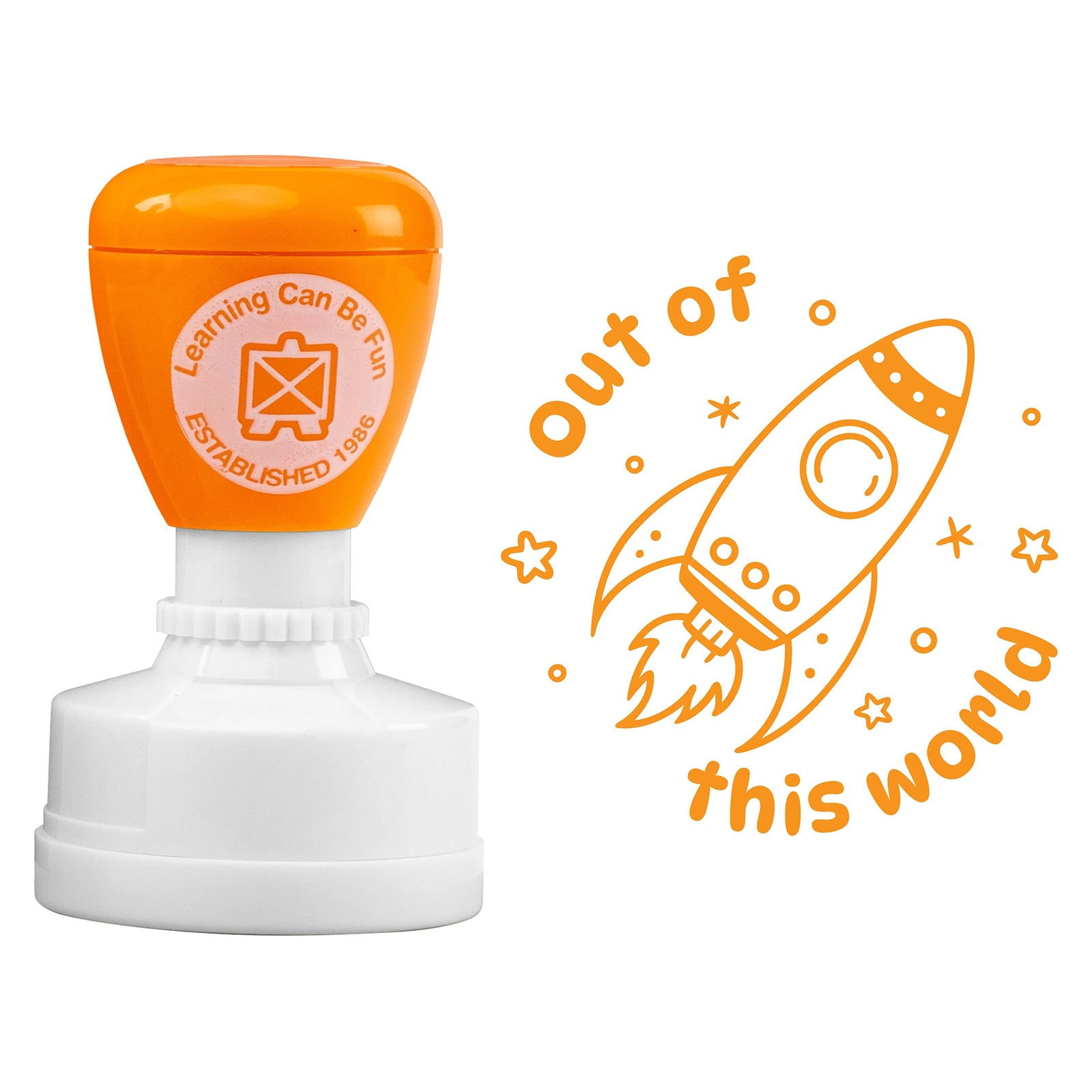 Product image showing the Out of This World self inking stamp alongside the detailed rocket ship artwork. The bold orange design and uplifting message provide memorable recognition for excellent student performance.