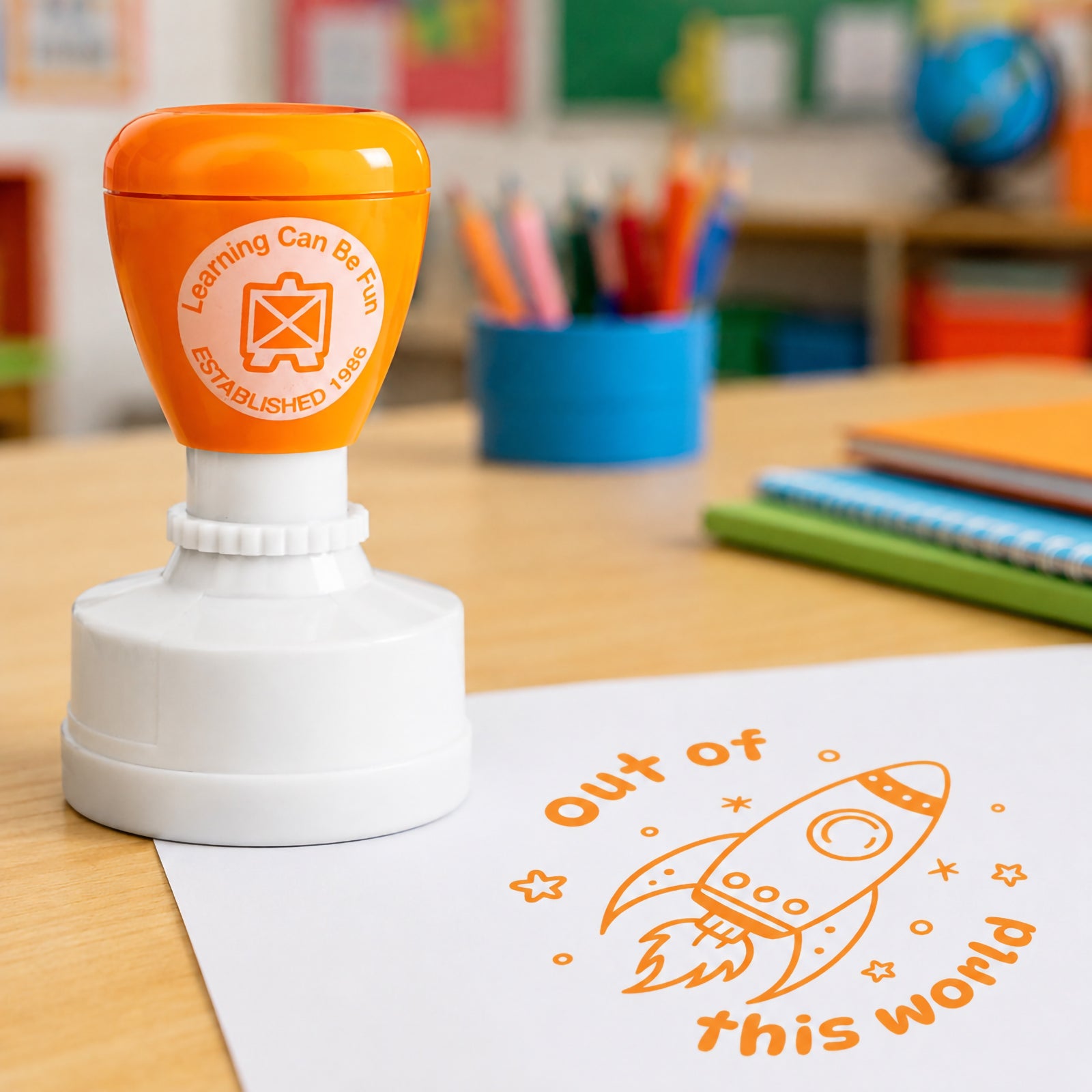 Close up educational setting featuring the orange merit stamp beside a worksheet displaying the rocket themed reward image. Perfect for celebrating outstanding assignments, creative projects and academic success.