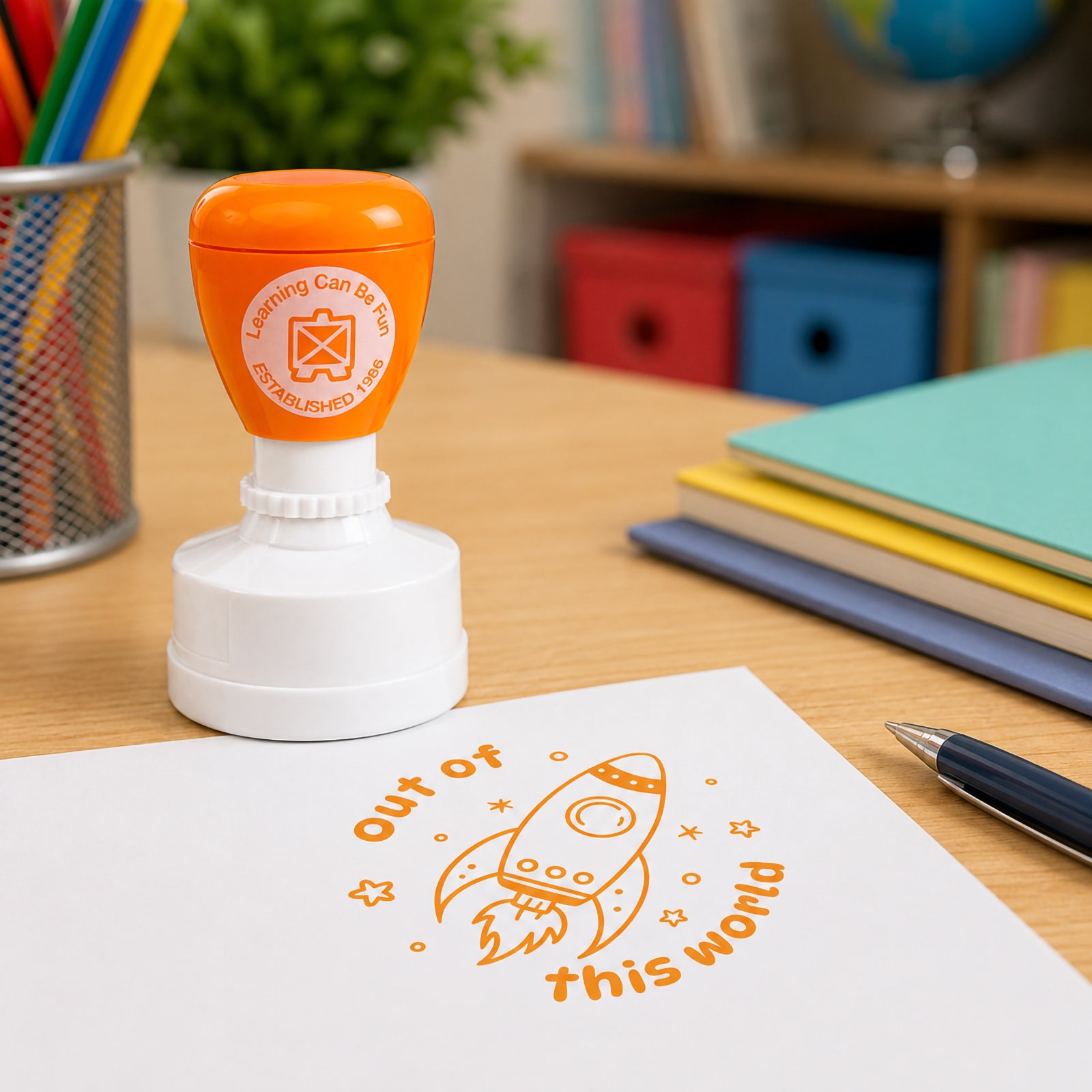 Learning Can Be Fun Out of This World Merit Stamp displayed beside classroom stationery with a bright orange rocket ship impression on paper. The playful space themed design creates an exciting reward for recognising exceptional student achievements and effort.