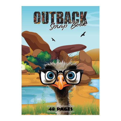 Outback scrap book front cover with a cartoon emu wearing black glasses in front of red rocks and a waterhole, marked 48 pages