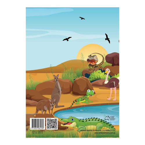 Outback scrap book back cover showing cartoon kangaroos, a frill neck lizard, a gecko and a crocodile with barcode and item number