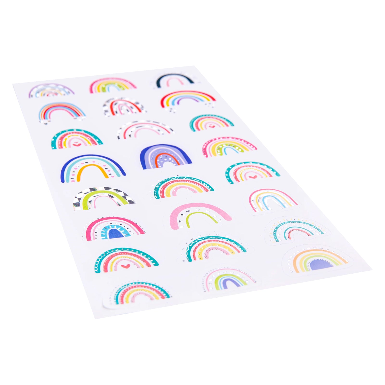 Angled view of the sticker sheet displaying all 24 rainbow holographic stickers. The assortment includes different rainbow styles, colour combinations and decorative accents with reflective foil effects.