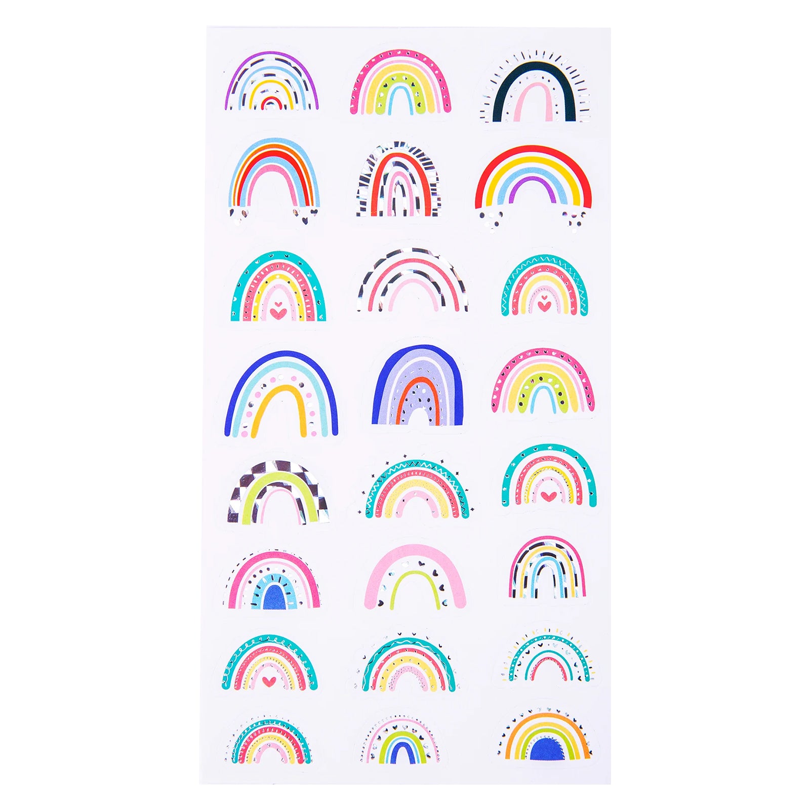 Full sticker sheet featuring 24 unique rainbow designs in bright pastel colours. Each sticker showcases a distinctive rainbow pattern enhanced with holographic foil detailing for added sparkle.