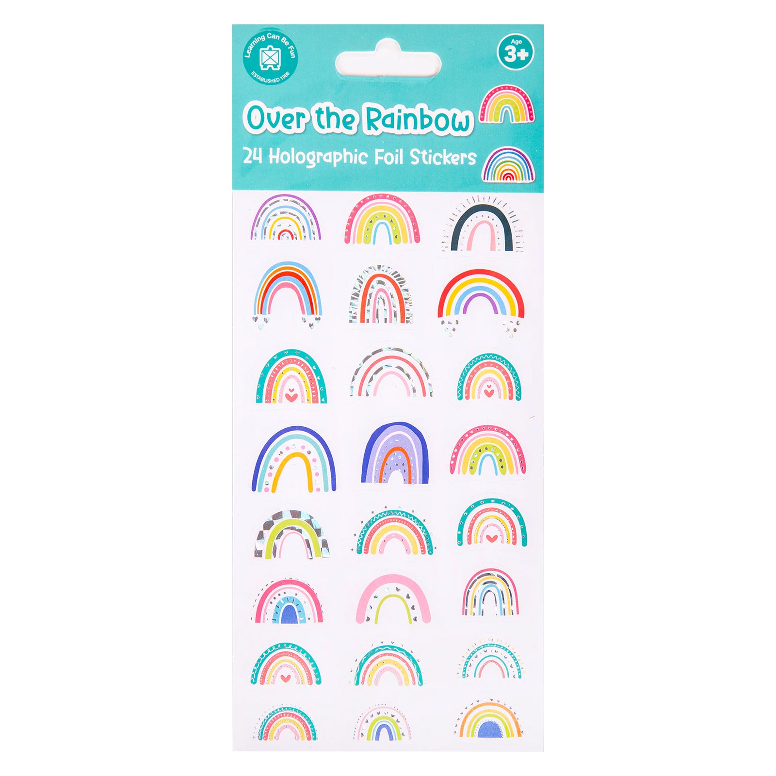 Retail packaging of the Learning Can Be Fun Over the Rainbow Holographic Sticker Set containing 24 holographic foil rainbow stickers. The packaging displays the colourful rainbow themed collection suitable for creative decorating activities.
