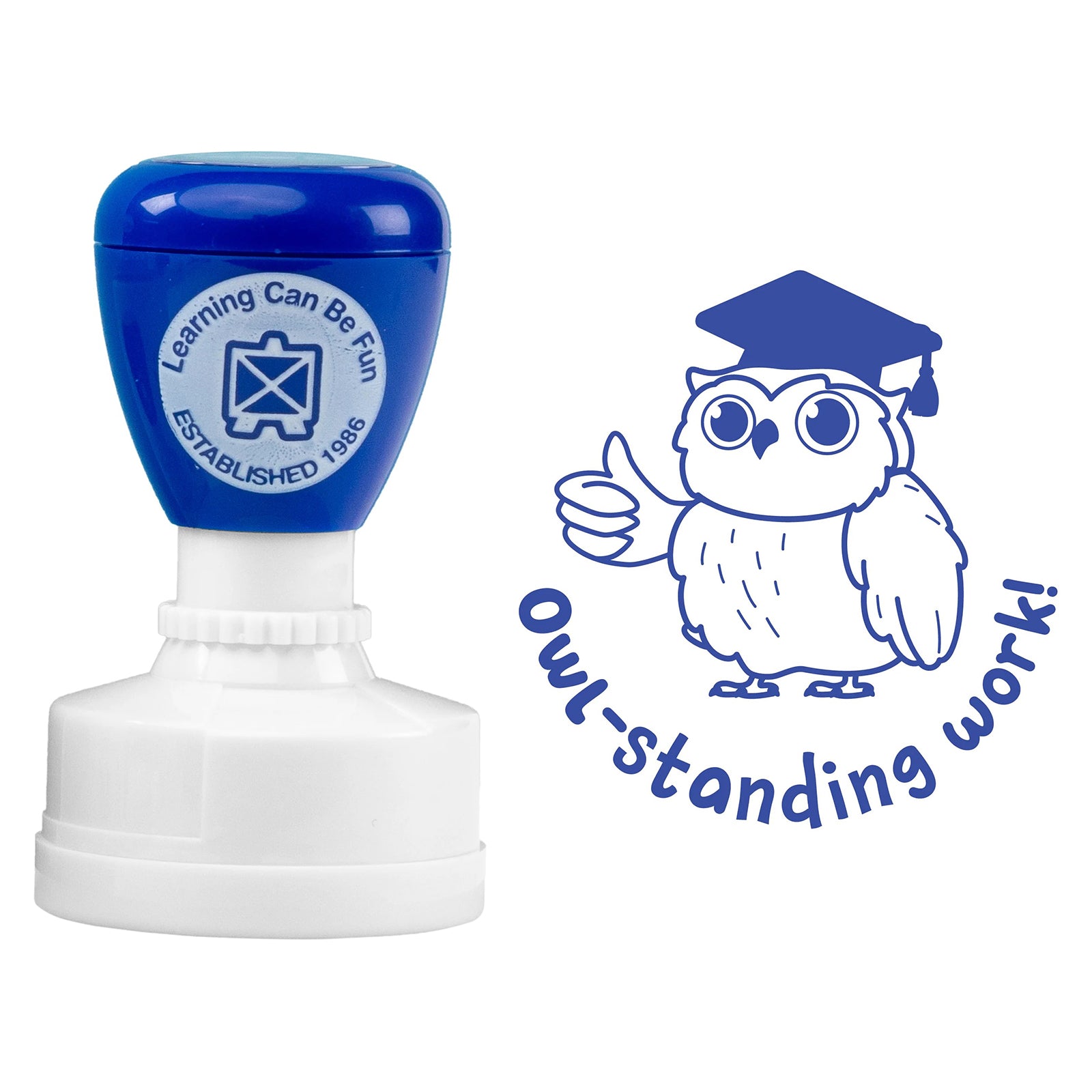 Product image displaying the self inking stamp alongside the complete Owl-standing Work artwork. The friendly owl character wearing a graduation cap symbolises knowledge, achievement and educational accomplishment.