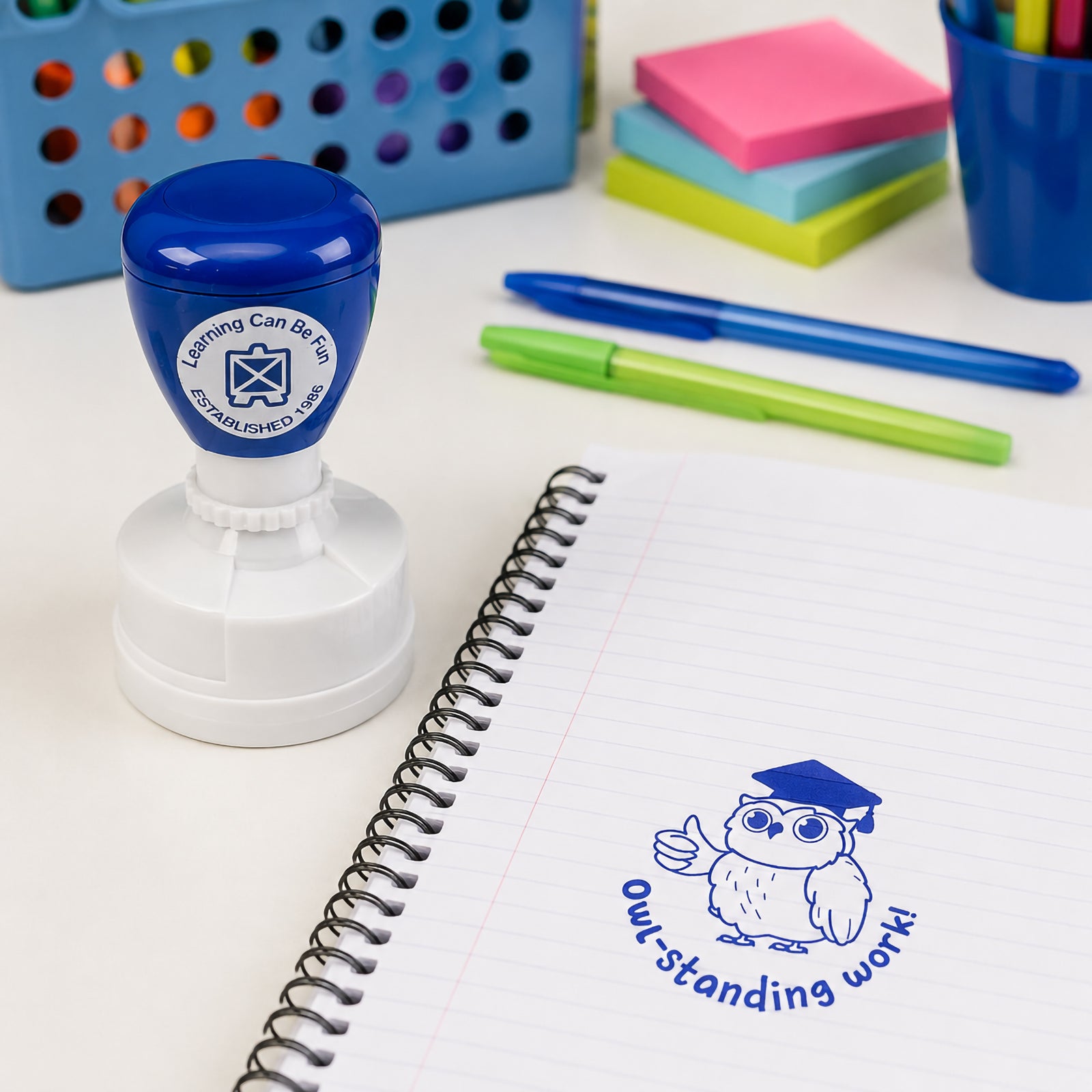 Merit stamp showcased in an educational setting with a spiral notebook and colourful stationery. The detailed owl illustration and achievement message help teachers provide meaningful recognition for outstanding classroom performance.