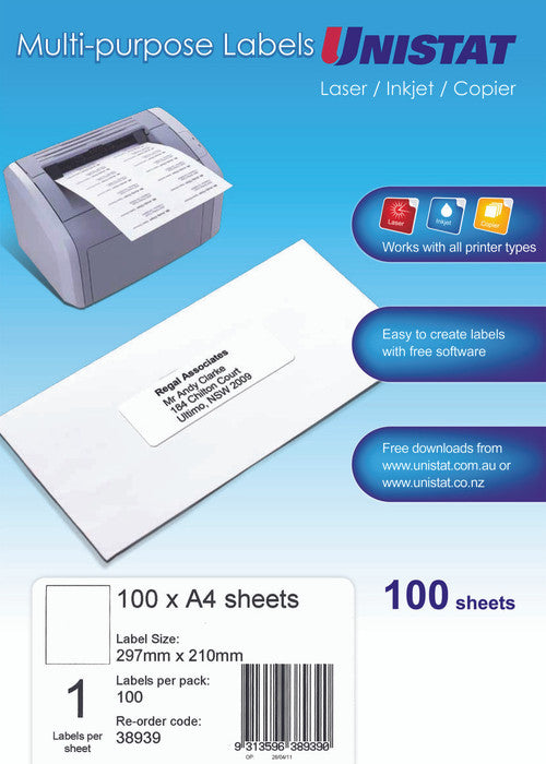 Unistat 38939 Multipurpose Label 297 x 210mm Pack 100