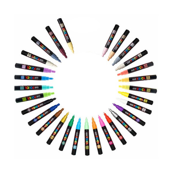 A set of 29 Posca Mark paint markers arranged in a circular pattern on a solid white background, showing a wide range of vibrant colours.