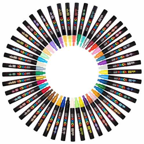 A set of 45 fine tip posca paint markers arranged in a circular pattern on a solid white background, showing a wide variety of vibrant colours.