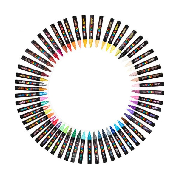 A circular arrangement of 36 posca bullet tip paint markers with various colours visible at the tips, set against a plain white background.