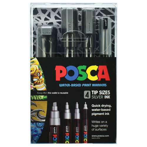 Posca Paint Marker Pen Assorted Tip Sizes Silver Wallet of 4