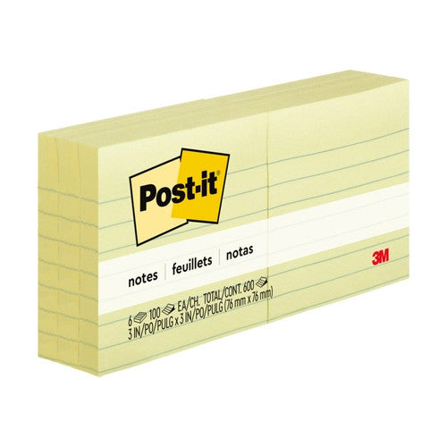 Post-it Notes Lined Canary Yellow 76 x 76mm 100 Sheets Pack of 6 630-6PK
