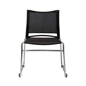 Rapidline PMV-BK visitor chair seen from the front, with black mesh back, black seat and chrome sled base.