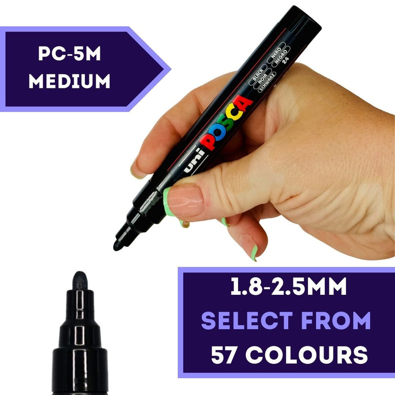 POSCA PC-5M Paint Marker in hand showing medium bullet tip 1.8-2.5mm with cap off