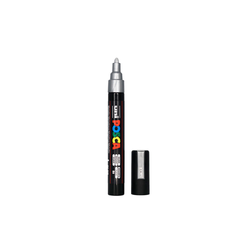 POSCA PC-5M Paint Marker Medium Bullet Tip Silver single pen showing ink colour
