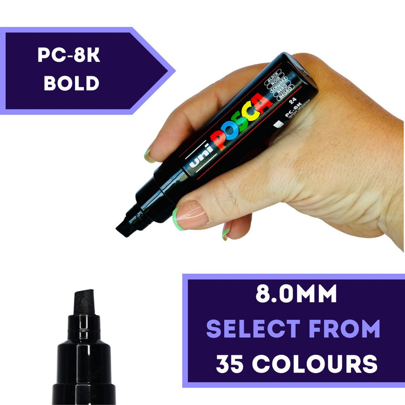 POSCA PC-8K Paint Marker range – broad chisel tip markers for lettering, illustration and surface decoration
