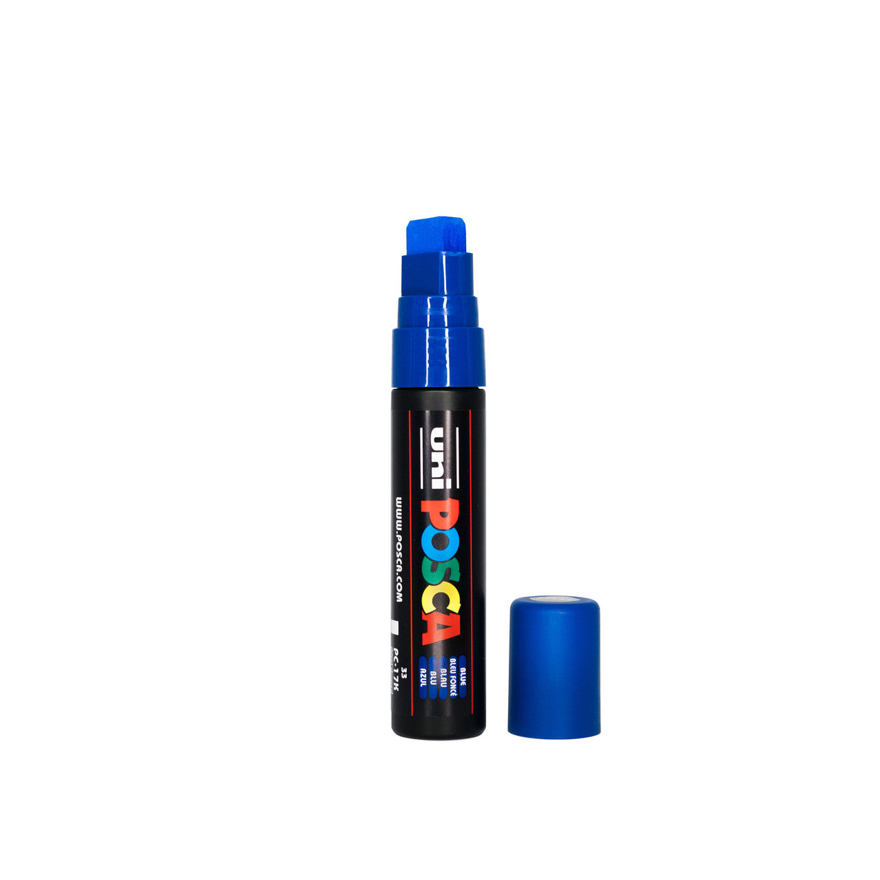 POSCA PC-17K Paint Marker in Blue showing the extra-wide 15mm rectangular chisel tip, blue barrel with POSCA branding and colour identification band against a white background
