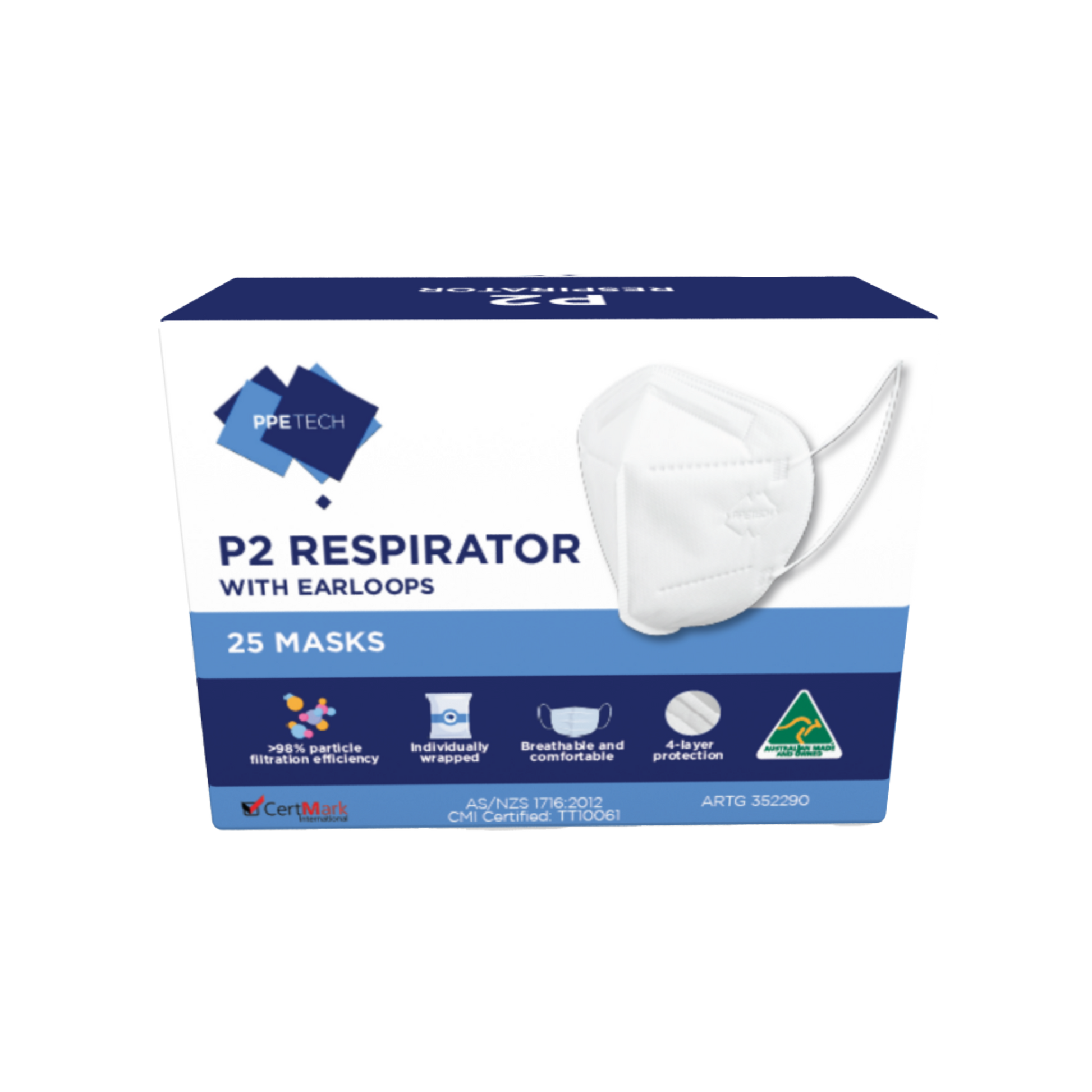 PPE Tech P2 Respirator Masks Box 25 Australian-made 4-layer P2 masks for workplace respiratory protection
