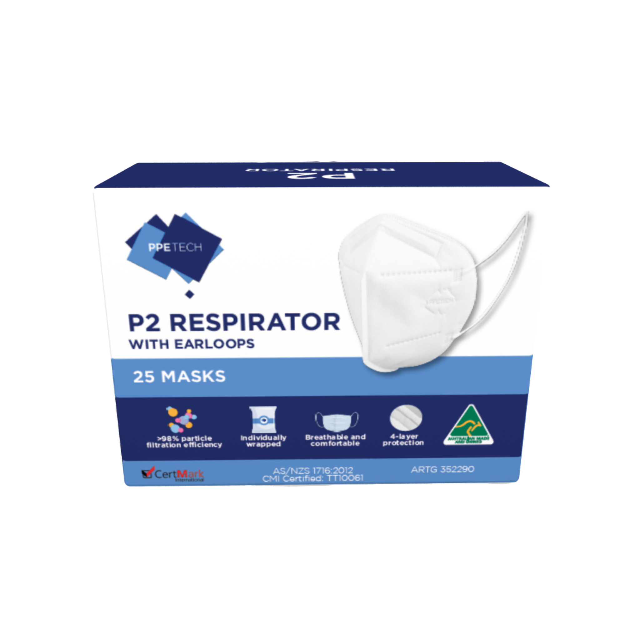 PPE Tech P2 Respirator Masks Box 25 Australian-made 4-layer P2 masks for workplace respiratory protection
