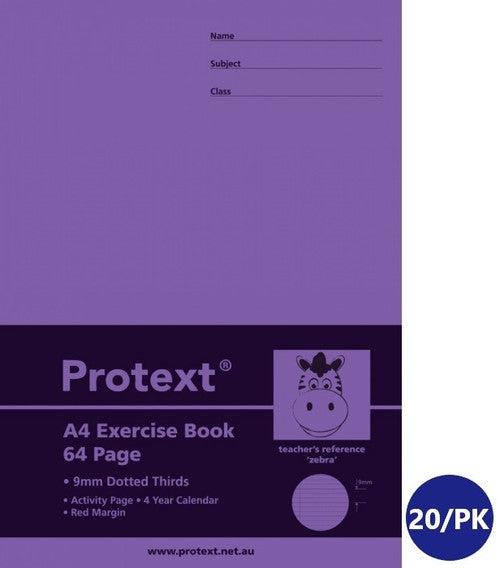 Protext Exercise Book A4 64 Page 9mm Dotted Thirds Ruled Polypropylene Zebra Cover Pack 20 — front cover
