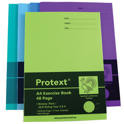 Protext Botany Exercise Book A4 48 Page Plain Plus QLD Year 3 4 Ruled Polypropylene Turkey Cover Pack 20 — bulk pack of 20