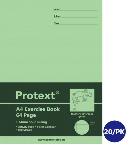 Protext Exercise Book A4 64 Page 14mm Solid Ruled Polypropylene Gecko Cover Pack 20 — front cover