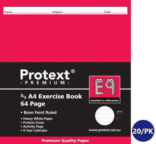 Protext Premium Exercise Book 2/3 A4 64 Page 8mm Ruled Red Margin Pack 20 — front cover