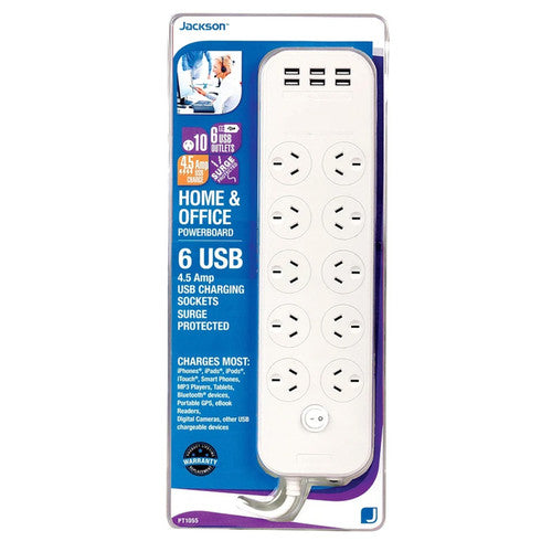 Jackson 6 x USB-A Powerboard Switch 10 Outlet Fast Charging